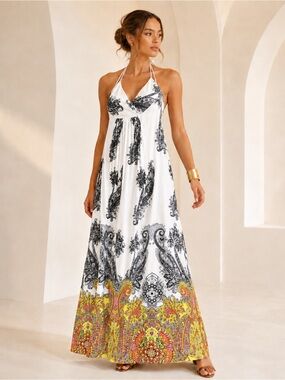 Caché Y2K Paisley Border Print Surplice Halter Maxi Dress Sz M